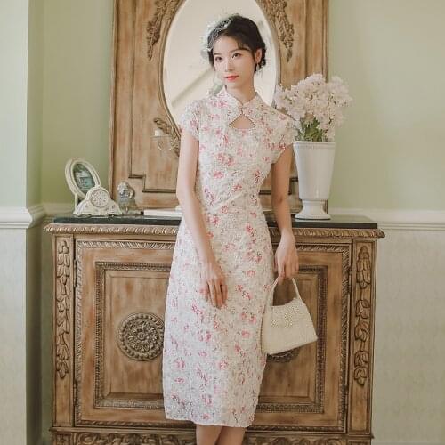 Print Embroidery Elegant Retro Dress Women Cheongsam 2021 Summer Beaded Hollow Chic Slim Sexy Qipao Vestidos