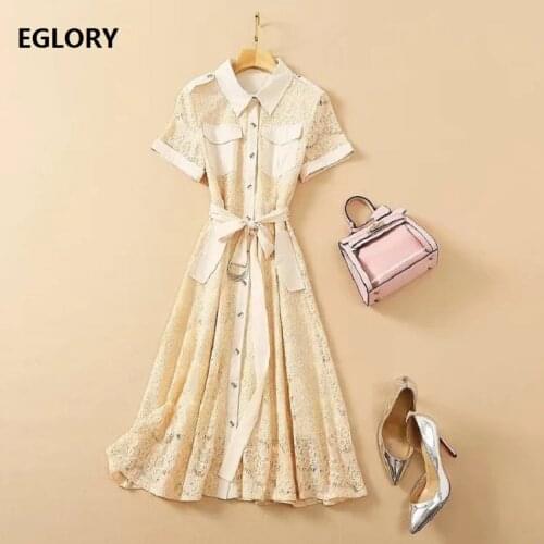 2021 Spring Summer Style Dress High Quality Women Sweet Rainbow Color Button Deco Short Sleeve Mid-Calf Long Shirt Dress Lace