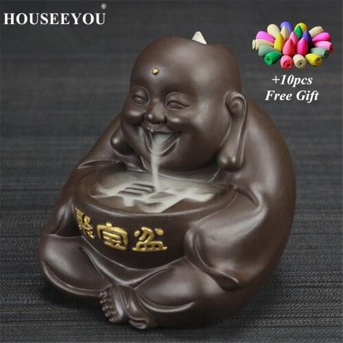 10Pcs Incense Cones + Wealth Maitreya Buddha Backflow Incense Burner Ceramic Aromatherapy Aromatic Incense Crafts Tower Holder