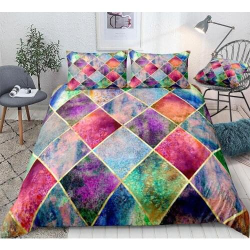 Watercolor Geometric Plaid Duvet Cover Set Rainbow Argyle Bedding Gold Glitter Line Quilt Cover Queen Home Textiles Dropship