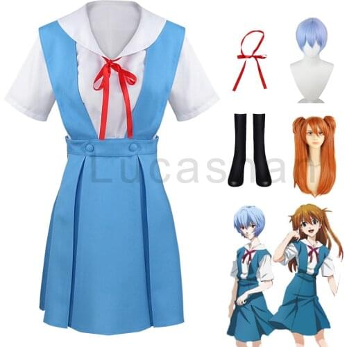 Anime Evangelion Cosplay Rei Ayanami Asuka Cosplay Costume Sailor Suit Tops Skirt Wigs Girl Japanese School Uniform Wig Cap