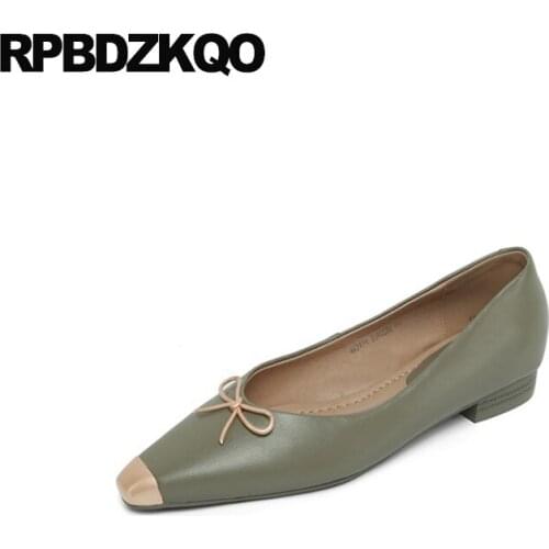 Bow Square Toe Genuine Leather Slip On Green Red 2021 Shoes Flats Chinese Knot Metal Soft Ballet Women Fitness Designer Party