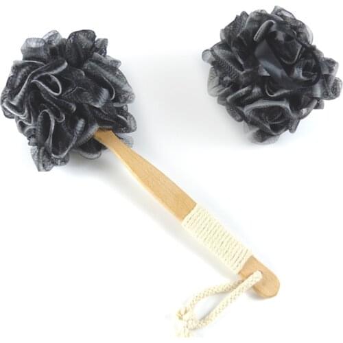 Bamboo charcoal fiber bath ball and wooden handle set for spa or bathing can CSV