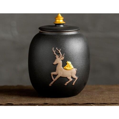 Pastoral Style Tea Storage Jar Ceramic Coarse Pottery Emboss Deer Container Cans Coffee Beans Caddy Tanks Teaware Accessories