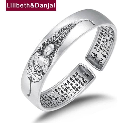 Frosted Style Lotus Heart Sutra Pure S999 Sterling Silver Buddha Statue Jewelry Women Men Opening Bracelet Bangle 2021 Luxury B9
