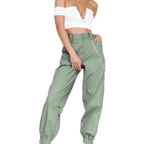 Women Cargo Pants 2021 Casual Solid Color Loose Elastic Punk Pocket Pants Harem Trousers with Chain Female High Waist Streetwear