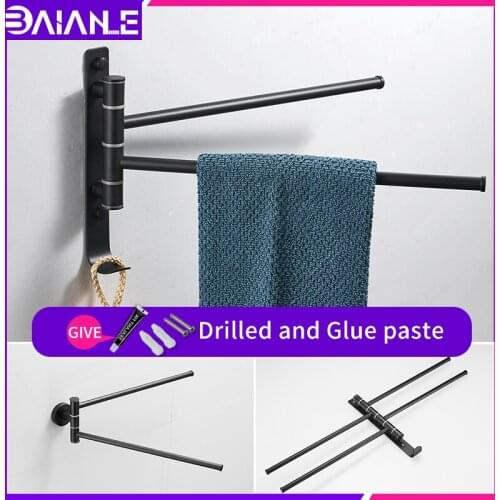 Bathroom rotating double towel racks stainless steel black towel holder hook wall mounted glue paste washroom towel bar