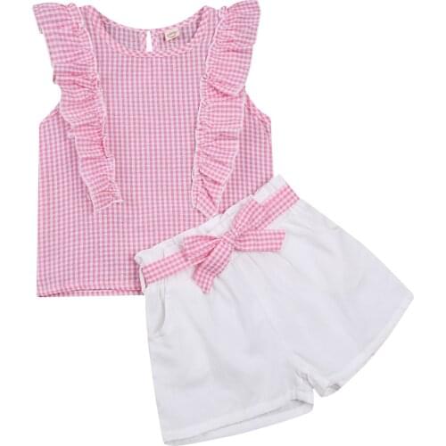 FOCUSNORM Summer Lovely Kids Girls Clothes Sets Ruffles Sleeveless Bow Plaid Printed Tops Shorts 2pcs 1-6Y