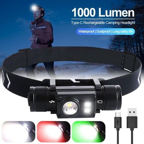 1000LM L2+XPE White Red Green 7 Modes Headlamp USB Rechargeable Waterproof Headlight Camping Hunting Flashlight