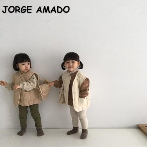 2021 Korean Style New Autumn Baby Boys Girls 2-pcs Sets Pocket Windbreak Vest + Sports Warm Pants Newborn Cute Clothes E2188