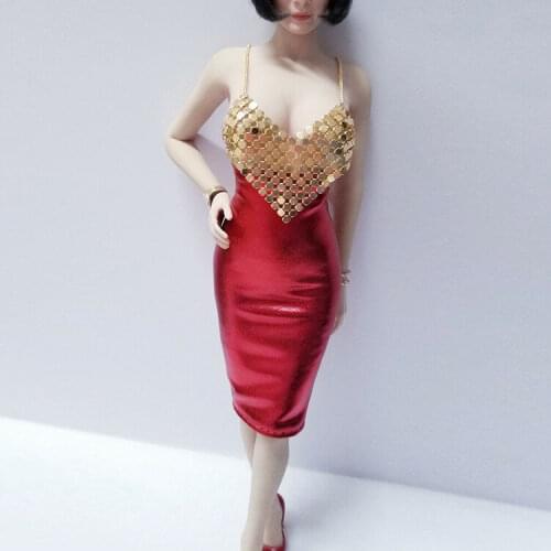 1:6 Figure Clothes Accessory Gold Coat & Red Dress Set For 12" Female Figure