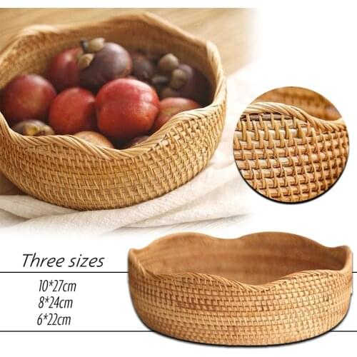 Round Basket Hand-woven Rattan Storage Tray Wicker Basket Snack Candy Bread Fruit Food Breakfast Display Tray