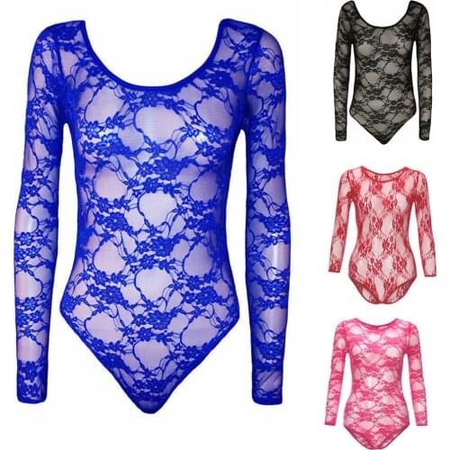 Lace Mesh Bodysuit Womens Long Sleeve Stretch Leotard Top Body Suits Ladies Solid Color O-Neck Sexy Jumpsuits Romper Body Femme