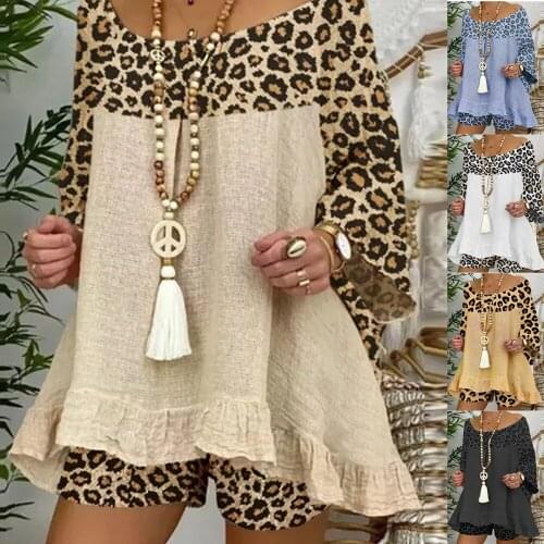 Summer Beach Leopard Print Shorts and T Shirt Two Piece Set Women Sexy Long Sleeve Plus Size Camisetas Suits Sets Womens Outfits