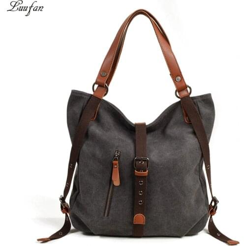 Luufan Two Use Womens Canvas Shoulder Bag Big Capacity Handbags Female Rucksack Shopping Bag Totes Outdoor Ladies Canvas Bag