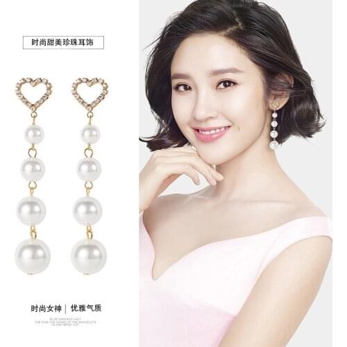 Love Long String Of Pearls Fashion Elegant Earrings Korean Version Of The Long Face Thin Peach Heart Tassel Sweet Ear Jewelry
