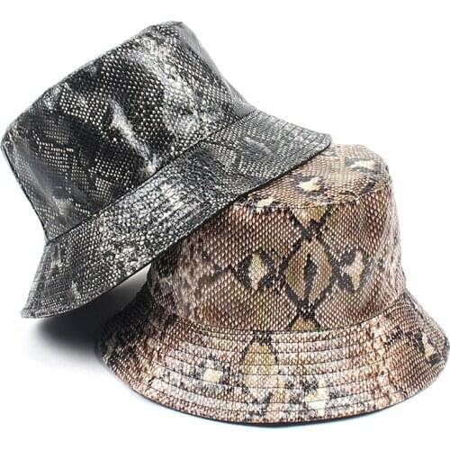 New PU Snake Pattern Fisherman Fat Unisex Fashion Hip-hop Double-sided Wearing Bucket Hats Female Travel Shade Sunsceen Hat Cap