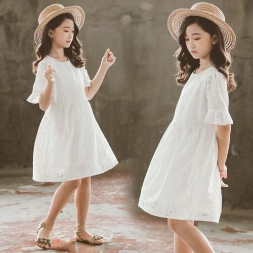 2021 Summer New Korean Style Teen Girls White Embroidered Princess Dress Children Cotton Casual Clothing Elegant, #9317
