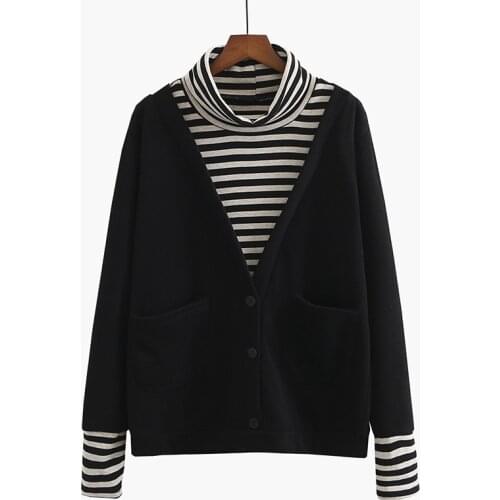 Plus Size Womens High Collar Hoodies Autumn Winter False Two Pieces Striped Sweatshirts Casual Patchwork