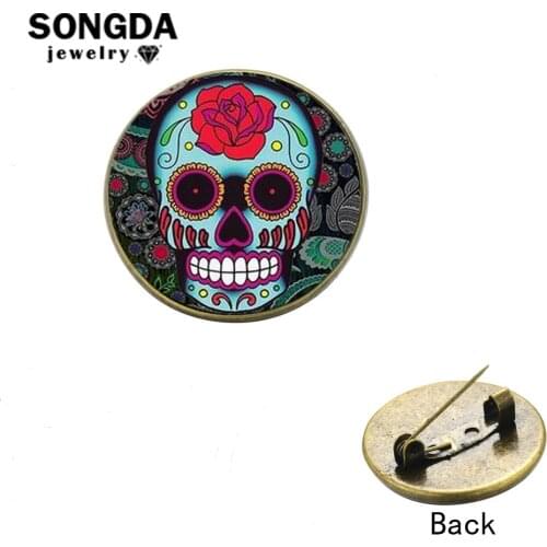SONGDA Classic Mexican Sugar Skull Brooch Pin Badges Button Day of the Dead Culture Art Pattern Glass Dome Scarf Pins Decorative
