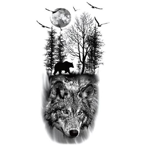 Fashion Women Men Temporary Tattoo Sticker Black Bear Forest Wolf Swallow Moon Arm Neck Body Art Small Size Fake Tattoo Sticker
