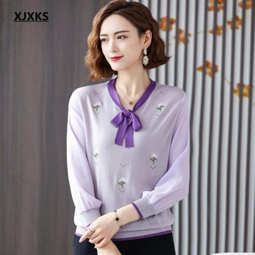 XJXKS Fashion butterfly collar women thin sweater 2021 autumn new exquisite embroidery knitted stitching sweater women pullover