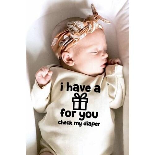 I Have A Gift for You Check My Diaper Newborn Long Sleeve Funny Jumpsuit Infant BabyFashion Bodysuit Toddler Playsuit