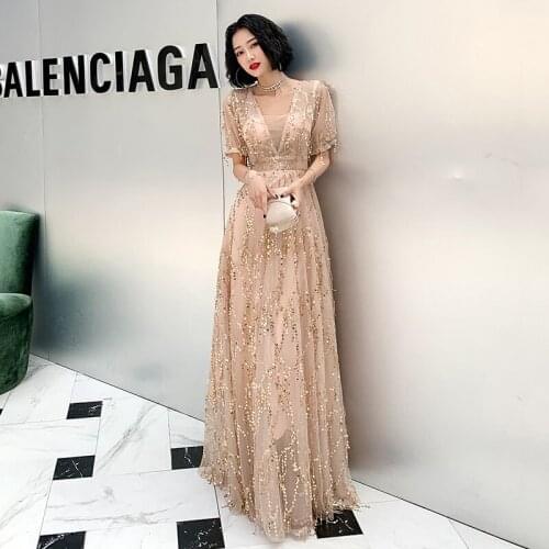 Evening Dress Plus Size Champagne Sequins Formal Gown Long V-neck Evening Dresses Elegant Tassel robe de soiree