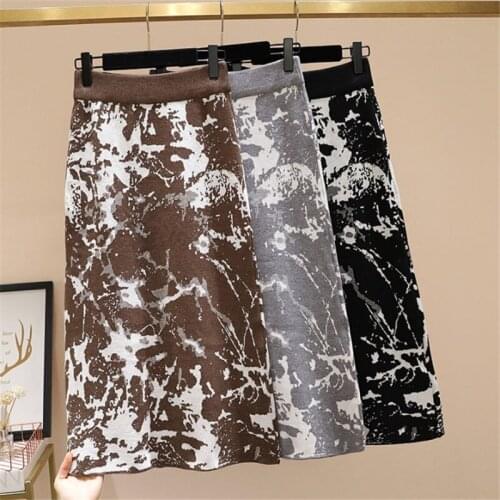 Elastic Waist Plus Size Womens Mid-Length Knit Skirt Autumn And Winter Fashion Vintage Printed Spotted Saias Mulher 2020 y487