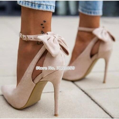 ALMUDENA Women Elegant Beige Black Suede Bowtie Pumps Thin High Heel Pointed Toe Cut-out Butterfly-knot Dress Shoes Dropship