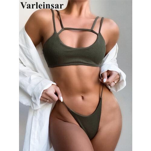 New Sexy Ribbed Thong Bikini Female Swimsuit Women Swimwear Two-pieces Bikini set High Leg Cut Bather Bathing Suit Swim V2877