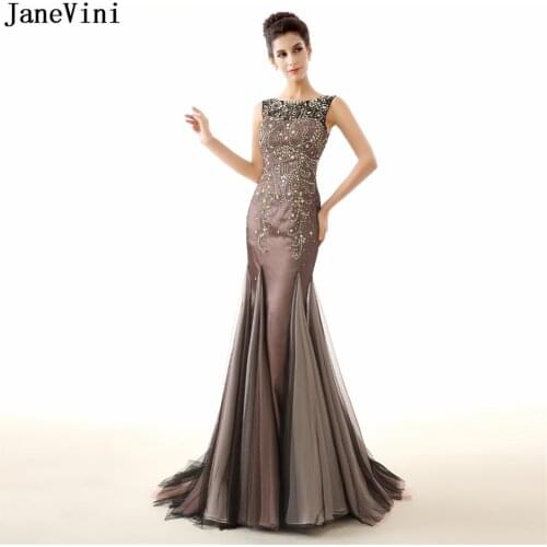 JaneVini Luxury 2019 Arabic Mermaid Long Bridesmaid Dresses Scoop Neck Beaded Crystal Button Back Sparkly Tulle Prom Party Gowns