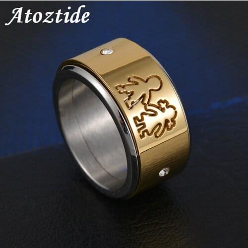 Atoztide 12mm Stainless Steel Boy Girl Double Layer Family Rings For Women Polished Crystal Lovers Figure Rings Wedding Band