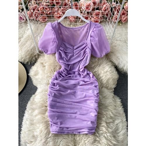 Purple/Brown/White Sexy Mesh Draped Bodycon Dress Women Elegant Square Collar Short Puff Sleeve Pleated Vestidos Female Summer