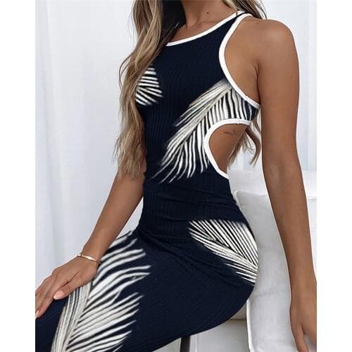 Summer Women Leaf Print Cut Out Tank Midi Dress 2021 Femme Elegant Bodycon Colorblock Casual Robe Office Lady Outfits traf