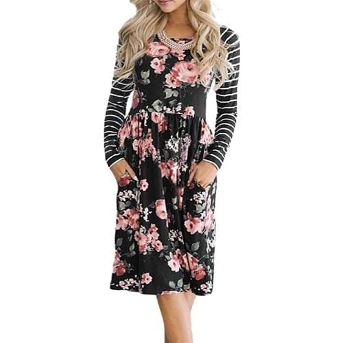 Dress 2018 New Brand Womens Long Sleeve Pockets Floral Print Mini Dress Ladies Big Swing Autumn Casual Top Dress