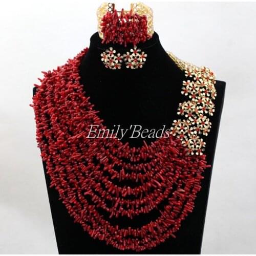 2016 Hot Costume African Jewelry Set Red Coral Beads Necklace Bracelet Earrings Full Set Wedding Woman Gift Free Shipping CJ697
