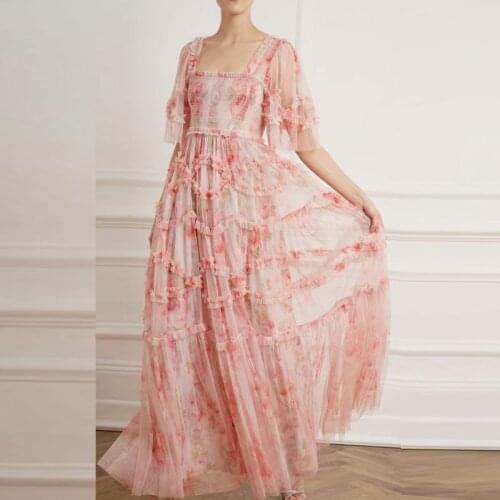 2021 summer women mesh flower printed party dress 3D Edible Tree Fungus pink blue long dresses