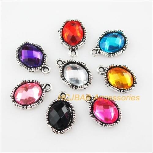 32 New Oval Flower Acrylic Mixed Charms Tibetan Silver Pendant 10.5x16mm