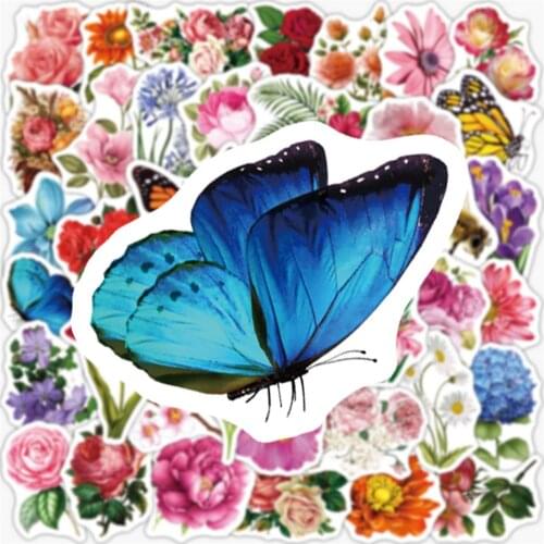 50pcs Spring Flower Butterfly Stickers Scrapbook Stick Label DIY Luggage Laptop Diary Album Stationery Helmet Decorative Sticker