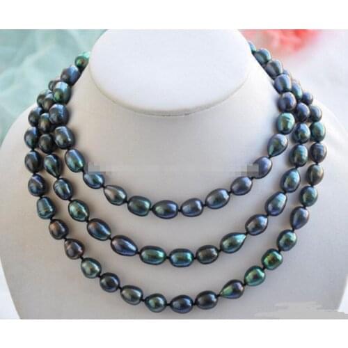 Free Shipping 49" 14mm peacock black rice freshwater cultured pearl necklace