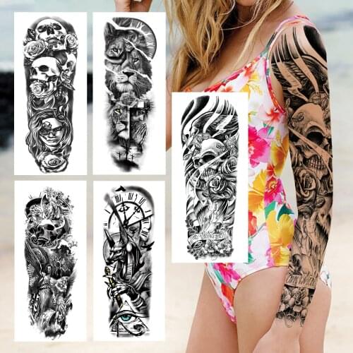 DIY Skull Rose Temporary Tattoo Sleeve For Women Men Realistic Compass Lion Christ Fake Tatoo Waterproof Full Arm Tattoo Sticker