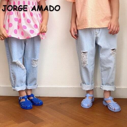 2021 New Korean Style Summer Girls Jeans Light Blue Elastic Waist Loose Style Wide Leg Broken Hole Denim Pants Kids Clothes E40