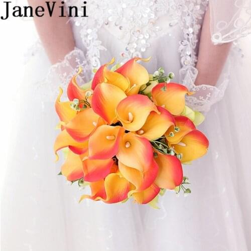 JaneVini Orange Yellow Calla Lily Wedding Bouquet for Bride Handmade Bridal Flowers Artificial Brooch Bouquet Fleur Artificielle