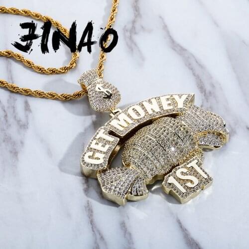 JINAO New Letter Pendant “GET MONEY” Necklace Iced Out Cubic Zirconia Hip Hop Jewelry Chain For Gift