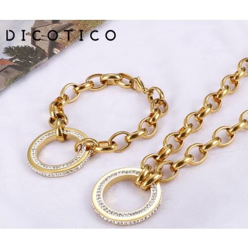 Dubai Women Jewelry Sets Chain Stainless Steel Necklaces Bracelet Set Accessories Women Fashion Round Double Cubic Zircon Choker