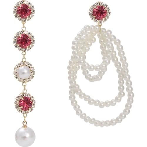 Korean Luxury Elegant Shiny Asymmetric Crystal Long Pendant Multilayer Pearl Circle Earrings Fashion Pendientes Earrings EC1958