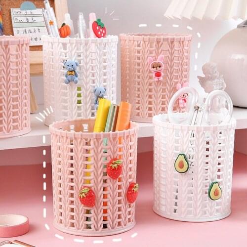 Creative Pen Holder Rattan Woven Cartoon Plastic Round Student Stationery Pen Storage Bucket Office Desk Accessories