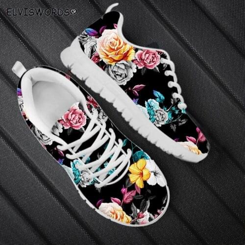 ELVISWORDS Tropical Flowers Print Ladies Comfortable Hiking Sports Shoes Womens Lightweight Lace Up Sneaker Flats zapatos mujer