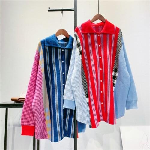 MEIYANGYOUNG Striped patchwork kntting cardigans women sweaters turn down collar winter jumpers korean fasion chic sweater tops
